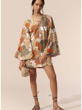 Traffic People Orange Floral Tie-Front Mini Dress on Cream